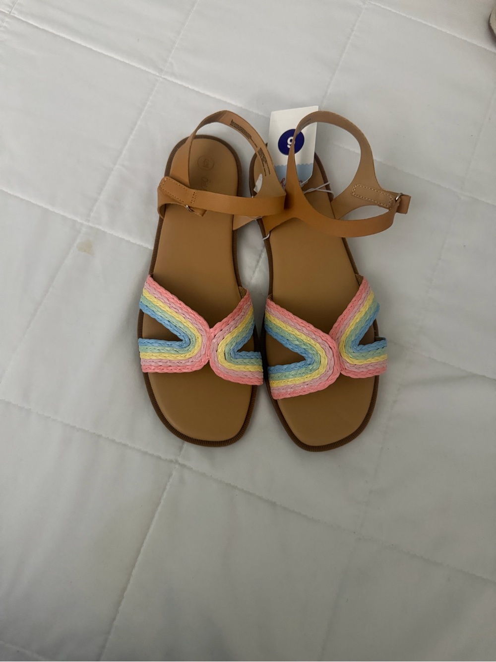 Tan Ankle-Strap Sandals with Pastel Rainbow Braided Front